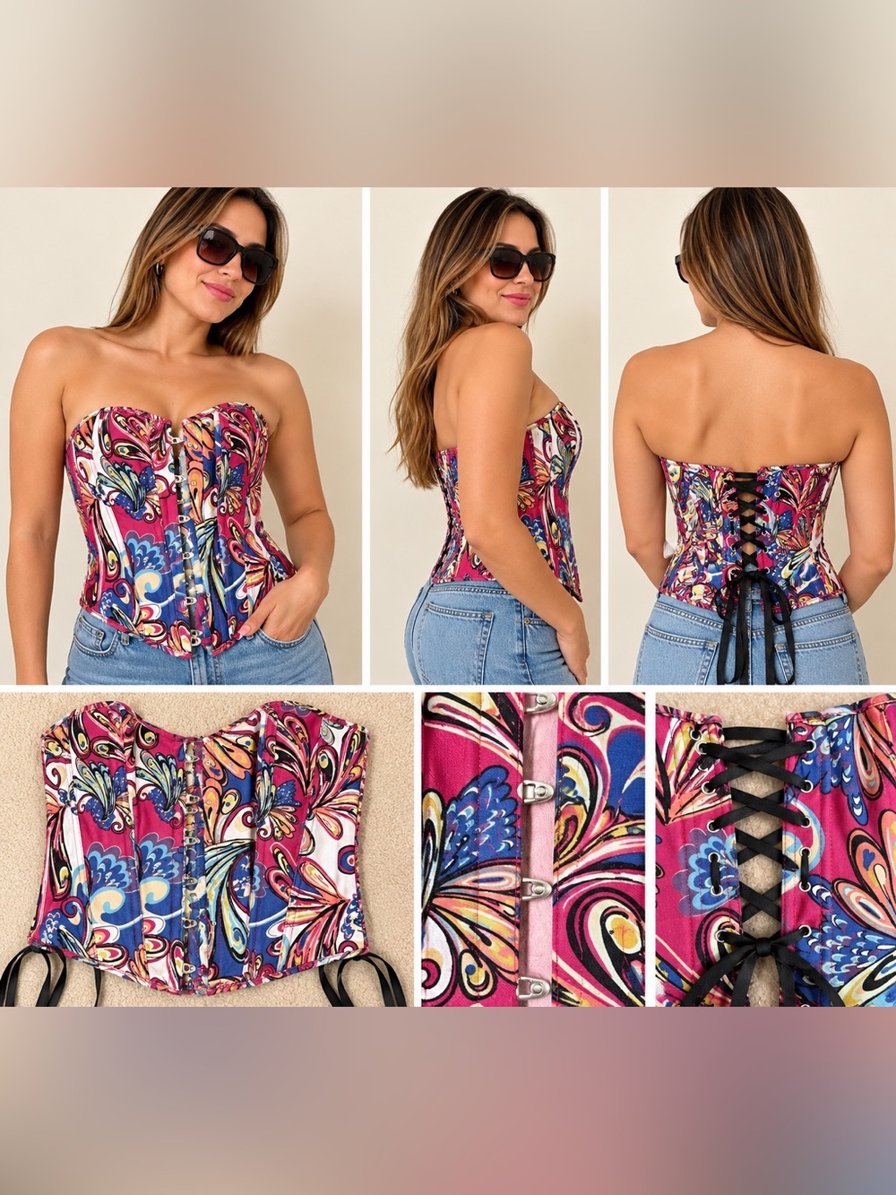 Strapless Floral Print Corset Top multicolored adjustable